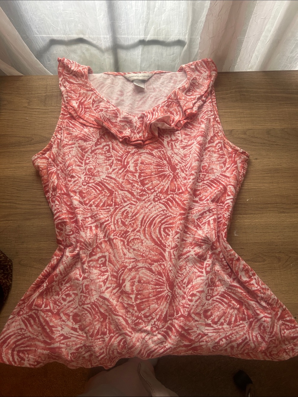 Christopher & Banks Coral and White Ruffle-Neck Sleeveless Top